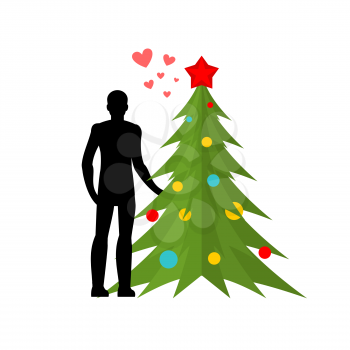 Christmas Lover. Love in New Year. Man and Christmas tree. Lovers holding hands. Romantic illustration. Xmas template
