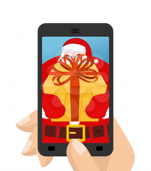 Christmas Photo Santa to give gift. Photographing your smartphone. Santas gloves and  box with bow. Illustration for new year