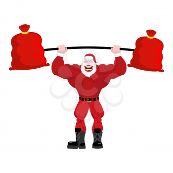 Strong Santa Claus lift barbell of red bag gifts. Powerful old man with big muscles. Fitness Christmas. Sport New Year. Bodybuilder grandfather
