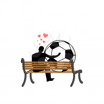 Lover Soccer. Guy and football ball sitting on bench. Romantic date. Love sport play game 