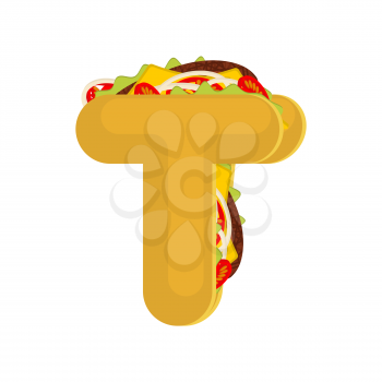Letter T tacos. Mexican fast food font. Taco alphabet symbol. Mexico meal ABC