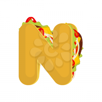 Letter N tacos. Mexican fast food font. Taco alphabet symbol. Mexico meal ABC