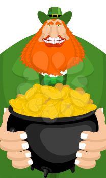 St. Patrick's Day. Leprechaun and pot of gold. Magic dwarf and boiler of golden coins. National Holiday in Ireland. Traditional Irish Festival

