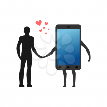 Lover of gadgets. Man and smartphone Hold on to hands. Always together device. I love my phone.
