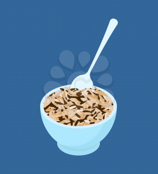 Bowl of wild rice porridge and spoon isolated. Healthy food for breakfast. Vector illustration