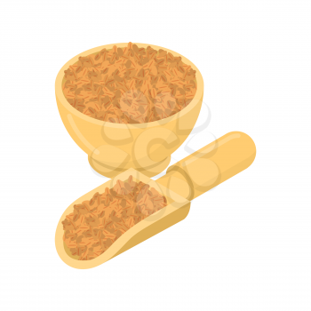 Wheat in wooden bowl and spoon. Groats in wood dish and shovel. Grain on white background. Vector illustration