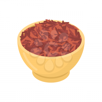 Red rice in wooden bowl isolated. Groats in wood dish. Grain on white background. Vector illustration
