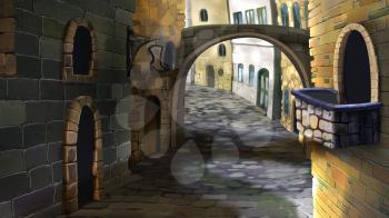 Digital painting of the street in the old town. With a stone bridge and small balcony.