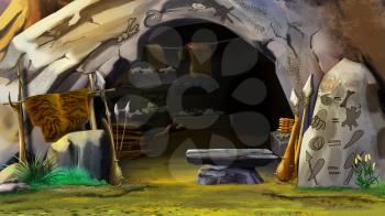 Digital painting of the entrance to the stone cave. Close-up with a stones and objects.