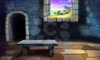 Digital painting of the Interior of a room in an ancient castle with table