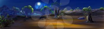 Digital painting of the night in savanna. Panorama view with moon, cactus and trees.