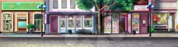 Digital painting of the small town street. Panorama