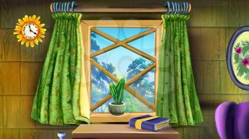 Digital painting of the window. Indoor. forest view