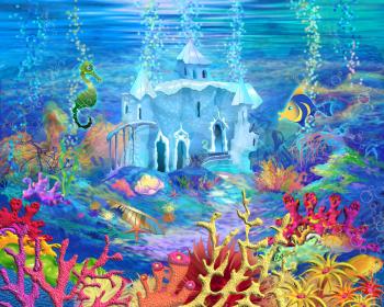 Digital Painting, Illustration of a Mysterious and Fantasy Undersea World. Fantastic Cartoon Style Character, Fairy Tale Story Background, Card Design