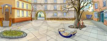 Empty Courtyard in late Autumn. Digital Painting, Illustration in cartoon style character.