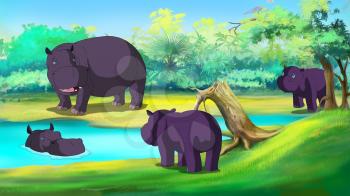 Group of Hippopotamuses near the River in a summer day. Digital painting  cartoon style full color illustration.