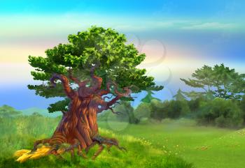 Solitary Oak Tree in a meadow in a sunny day. Digital Painting Background, Illustration in cartoon style character.