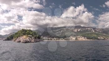Budva, Montenegro - 07.10.2018.   Boat trip along the coast of the resort of Budva in Montenegro on a sunny summer day