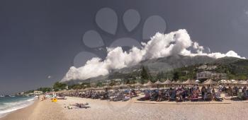Dhermi, Albania - 07.08.2018. Panoramic view of the coast and beautiful beach in the resort of Dhermi in Albania on a sunny summer day