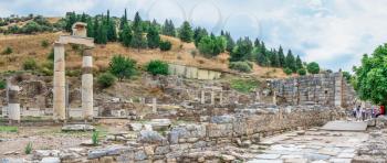 Ephesus, Turkey – 07.17.2019. Prytaneion ruins near the State Agora in antique Ephesus city, Turkey, on a sunny summer day
