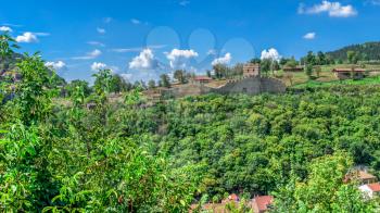 Fortification walls of the Tsarevets fortress in Veliko Tarnovo, Bulgaria. Big size panoramic view on a sunny summer day