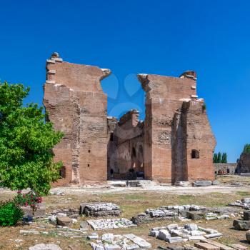 Ruins of the Red Basilica or Temple of Serapis in the Ancient Greek city Pergamon in Turkey on a sunny summer day