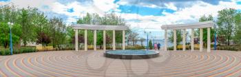 Yuzhne, Ukraine 05.23.2020. Seaside park in the city of Yuzhne, Ukraine. Panoramic view on a sunny spring day