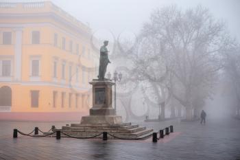Odessa, Ukraine 11.28.2019.  Monument to Duke Richelieu in Odessa, Ukraine, on a foggy autumn day