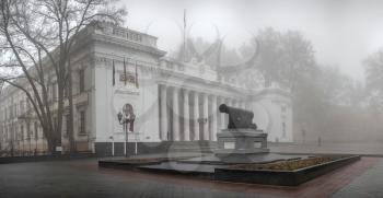 Odessa, Ukraine 11.28.2019.  Monument to the cannon on Primorsky Boulevard in Odessa, Ukraine, on a foggy autumn day