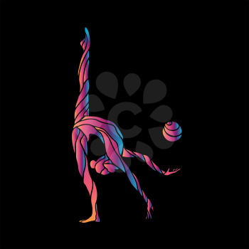 Creative silhouette of gymnastic girl. Art gymnastics with ball, illustration or banner template in trendy abstract colorful neon waves style on black background. Vector illustration