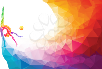 Creative silhouette of gymnastic girl. Art gymnastics with ball, colorful vector illustration with background or banner template in trendy abstract colorful polygon style and rainbow back