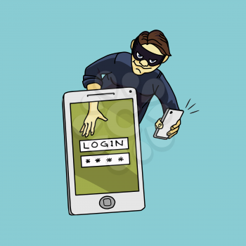 Social network hacker stealing password from smartphone screen, criminal on smart phone. Vector illustration