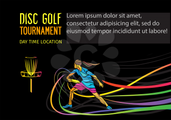Disc golf sport, flying disc invitation poster or Frolf flyer background with female sportsman and empty space, vector banner template