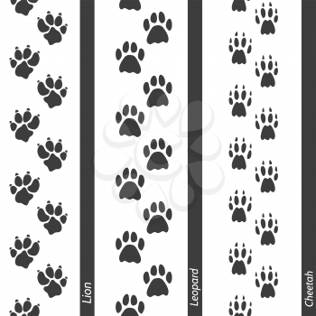 Animal footprints seamless border set. Vector footprint lion leopard and cheetah