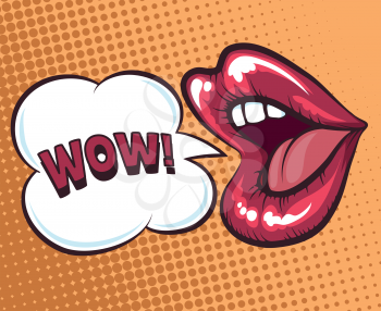 Mouth with speach bubble. Wow and female mouth in pop art style concept for advertising or poster. Vector illustration