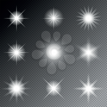 Stars and sparkles vector. Glowing light stars and flare sparkles on transparent background