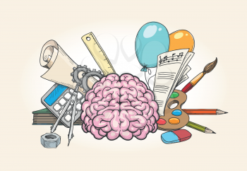 Left and right brain concept. Human mind creativity and analytical skills hand drawn vector illustration