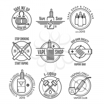 Vape shop labels and vapor bar logo, e-cigarette emblems or badges vector set