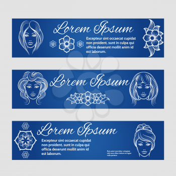 Web banners set with woman and floral decorative elements for barber, beauty parlor. Vector illustration