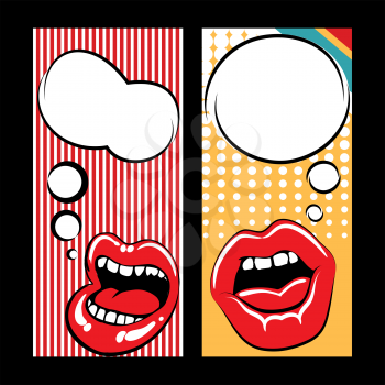 Pop art style flyers templates with mouth speech bubbles. Vector illustration