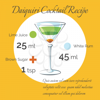 Daiquiri receipt. Daiquiri bartender cocktail vector receipt poster