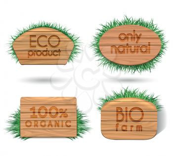 Wooden farm fresh eco food signs with grass vector set