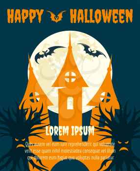 Halloween dark party invitation with full moon bats anf flat castle vector poster