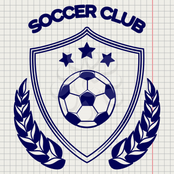 Ball pen sketch of soccer clum emblem vector illustration. Football logo on notebook background