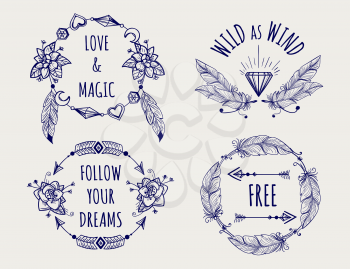 Boho tribal style logo set with feather hearts arrows and lettering vector