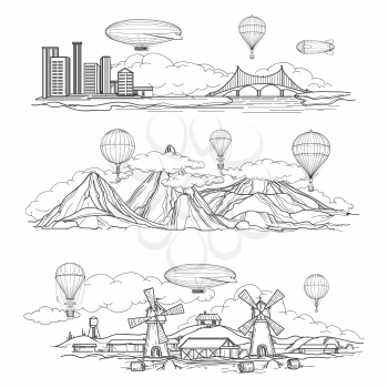 Hand drawn urban country and mountain landscapes with hot air balloons and airships parade. Vector illustration