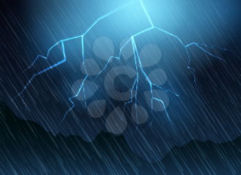 Lightning and rain blue background. Nature thunder flash vector illustration