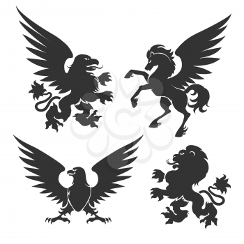 Arms coat animals isolated on white background. Heraldic symbols like lion and horse, winged griffin and eagle signs vector illustration