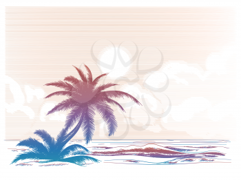 Colorful sketch summer landscape with palm tree and beach. Vector illustration