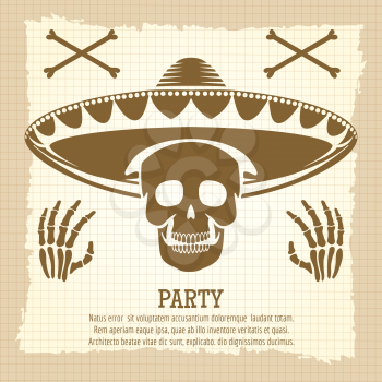Vintage party poster design with skull bones cross and bones hands. Vector illustration